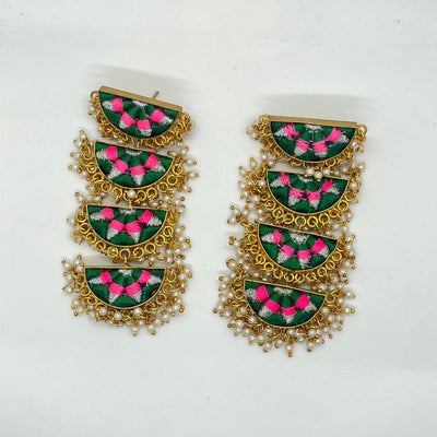 Statement Crescent Earrings - Green + Pink
